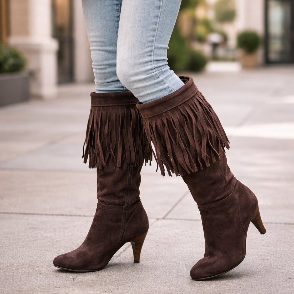 NYLA Fringe Suede Brown Knee High Boots Size 8 Boho Western Heeled